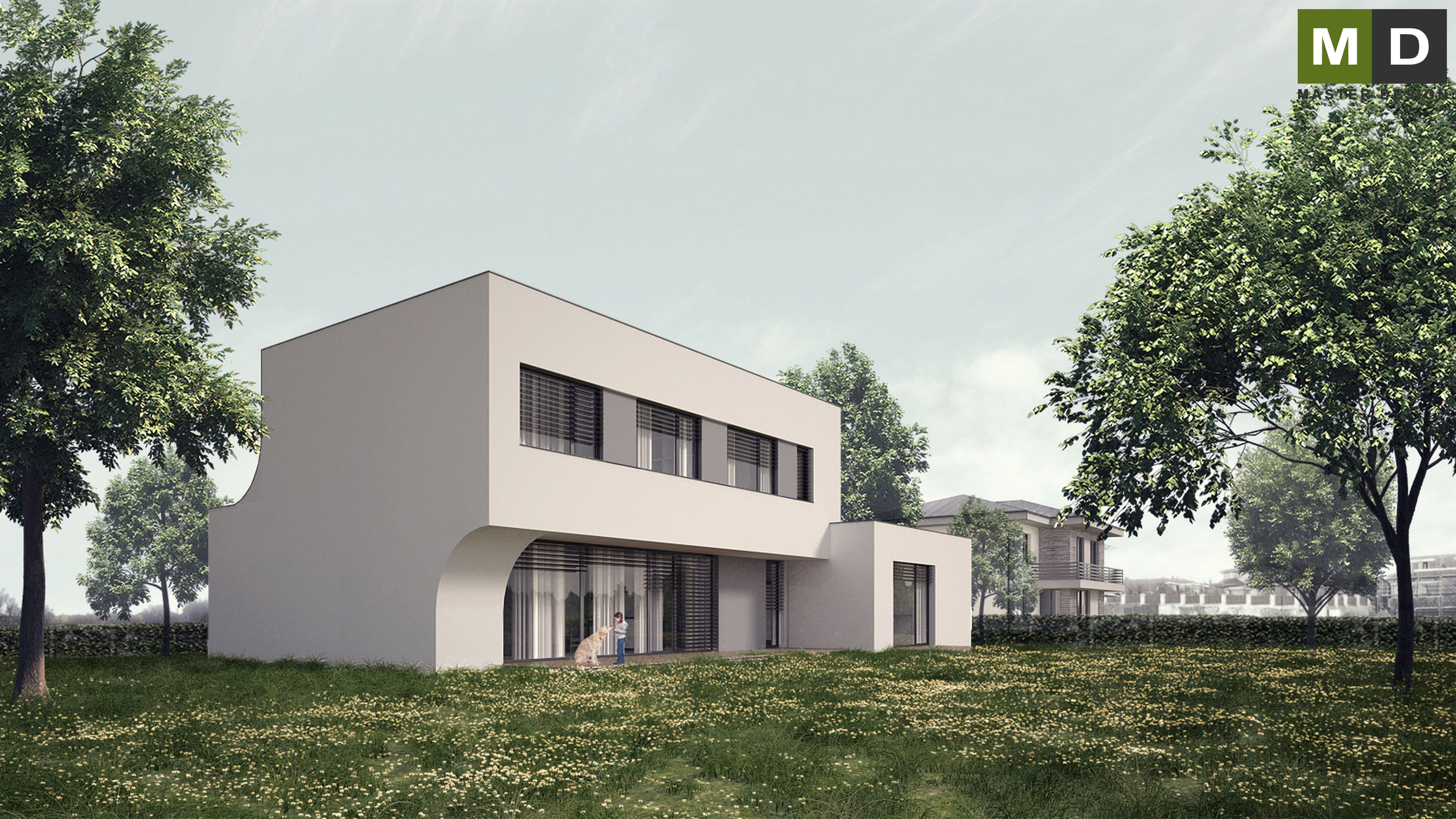 White low-energy house with a flat roof - Praha Dolní Chabry - main visualisation White low-energy house with a flat roof - Praha Dolní Chabry - main visualisation