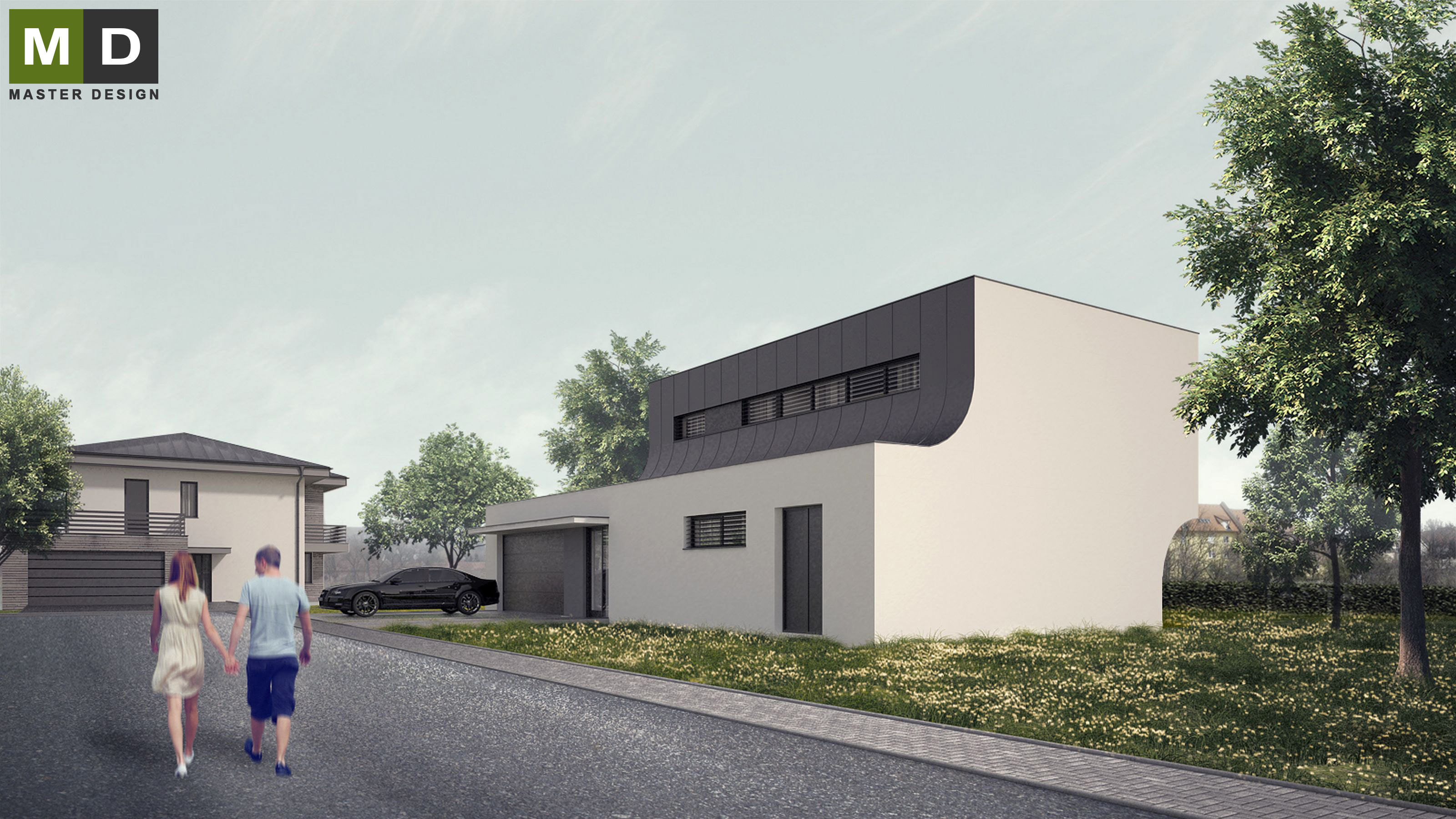 White low-energy house with a flat roofPraha Dolní Chabry - visualisation2 White low-energy house with a flat roofPraha Dolní Chabry - visualisation2