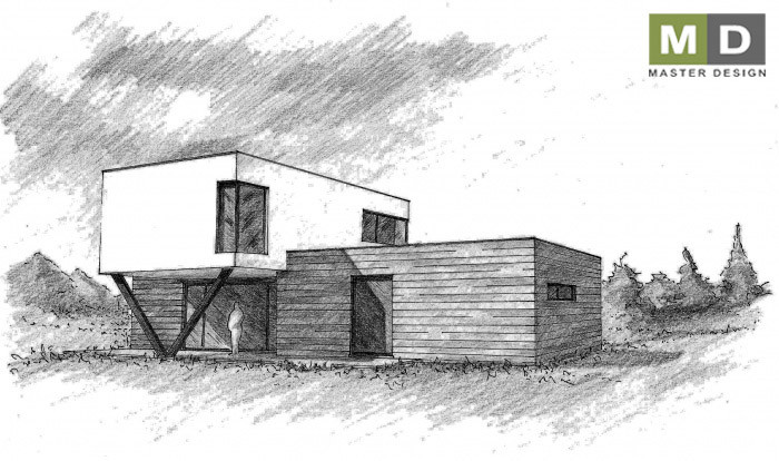 Modern wooden house with a covered terrace and a flat roof - Developer from Switzerland - main visualisation Modern wooden house with a covered terrace and a flat roof - Developer from Switzerland - main visualisation