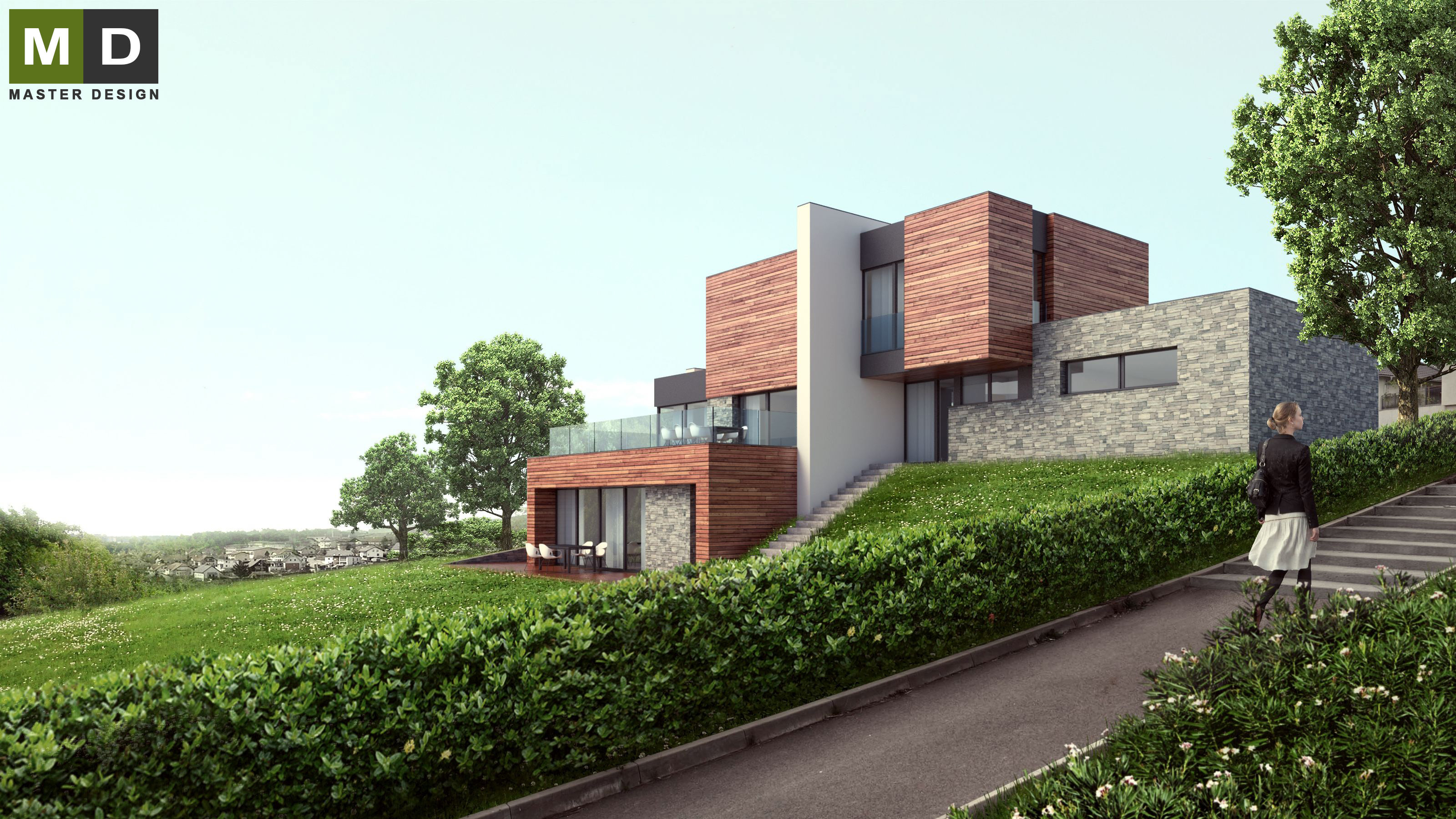Luxury house on a slope with wood paneling - Praha Hloubětín - main visualisation Luxury house on a slope with wood paneling - Praha Hloubětín - main visualisation