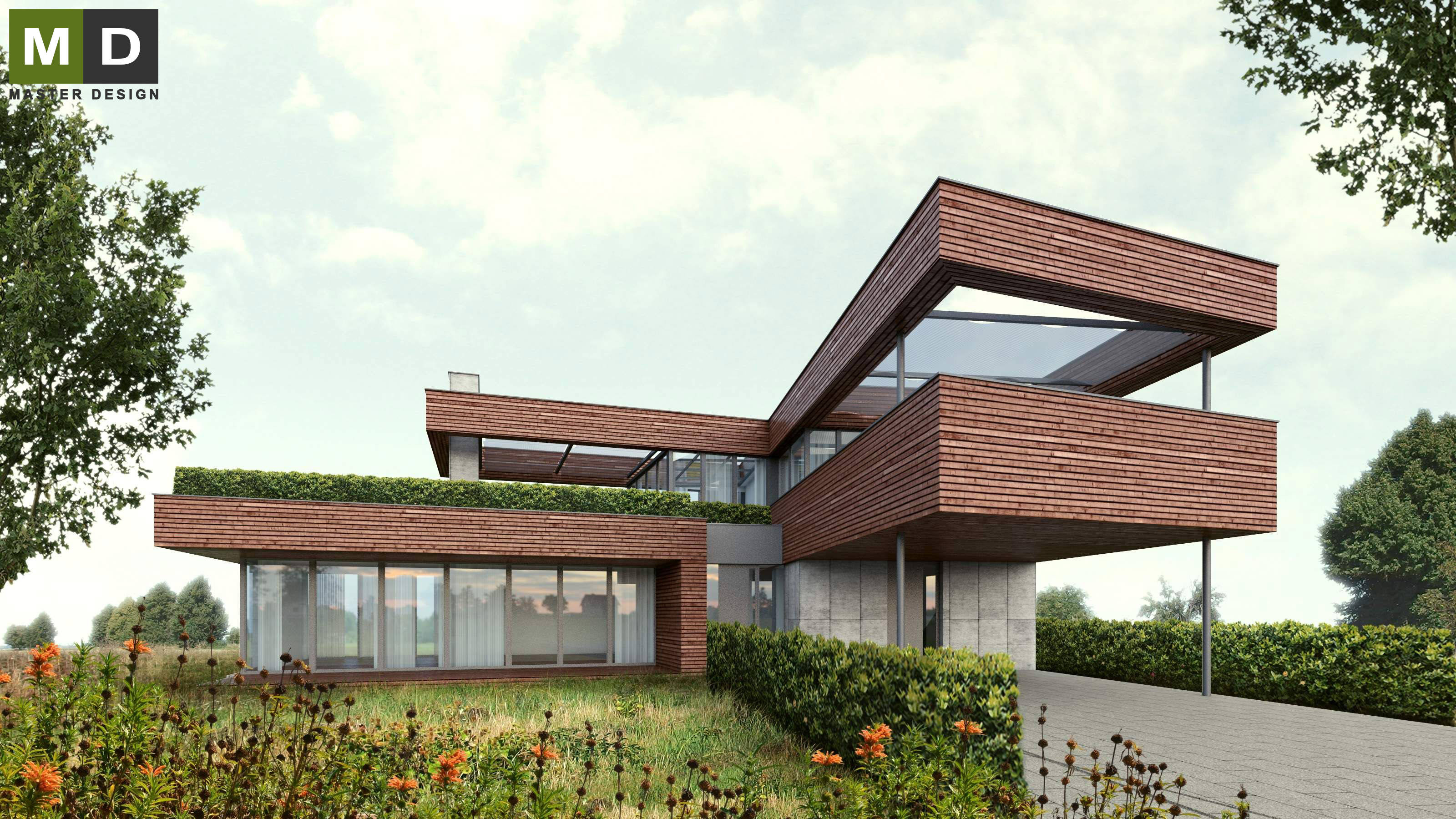 Luxury L-shaped house with wood paneling and exposed concrete - Máslovice u Prahy
