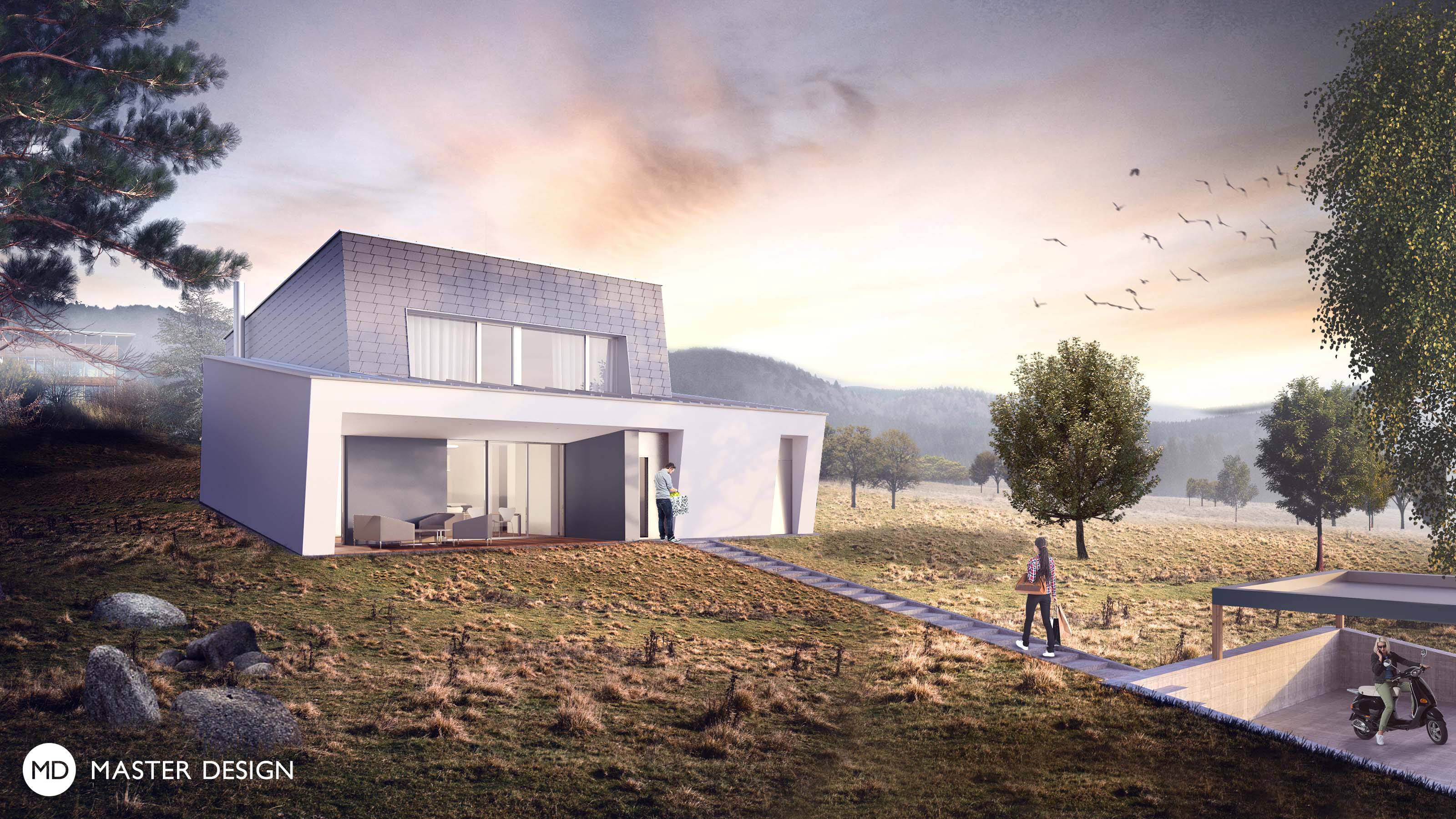Inclined house with facades covered by metal tiles and great view of countryside for doctor - Loděnice u Berouna - main visualisation Inclined house with facades covered by metal tiles and great view of countryside for doctor - Loděnice u Berouna - main visualisation