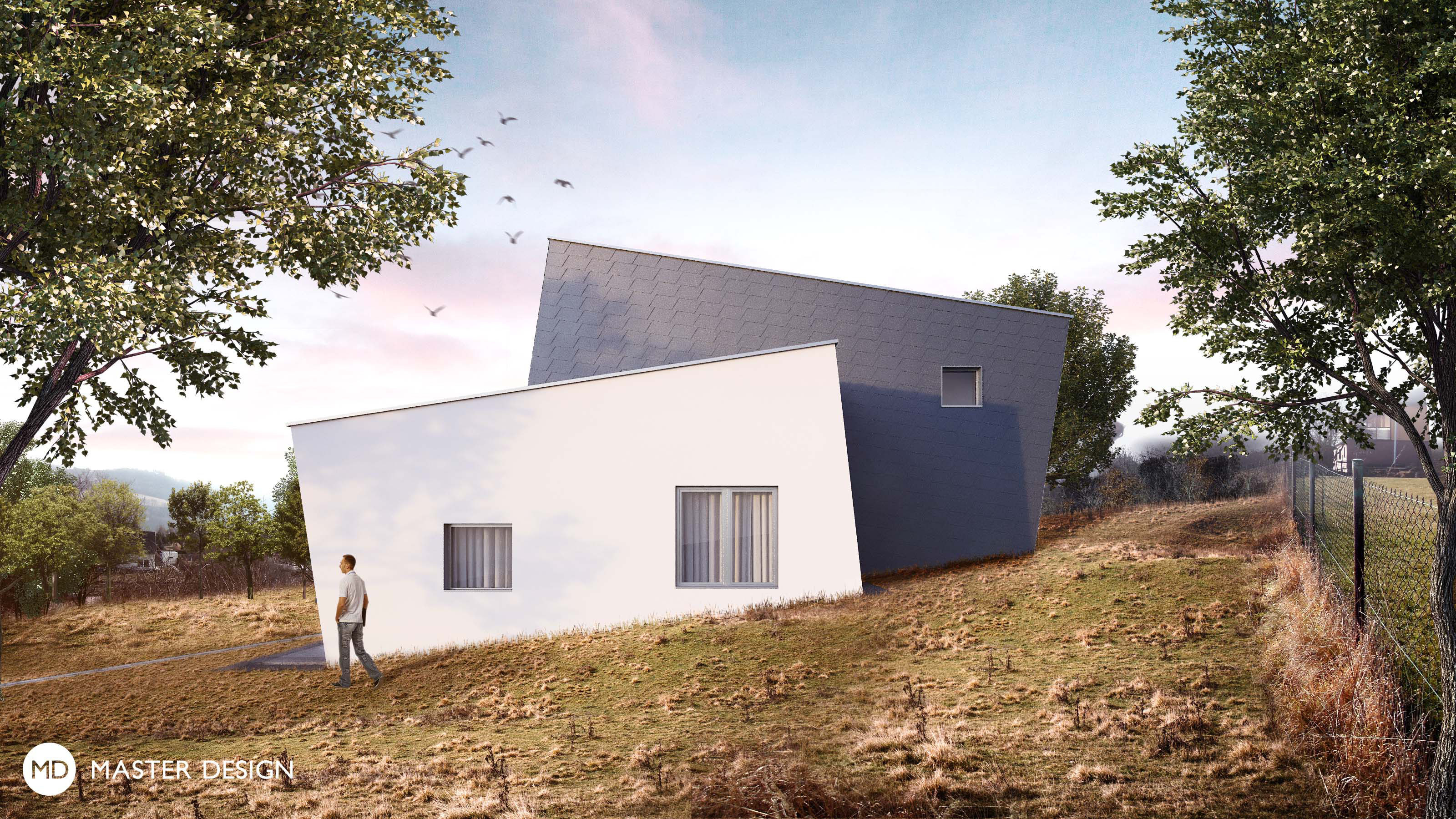 Inclined house with facades covered by metal tiles and great view of countryside for doctorLoděnice u Berouna - visualisation3 Inclined house with facades covered by metal tiles and great view of countryside for doctorLoděnice u Berouna - visualisation3