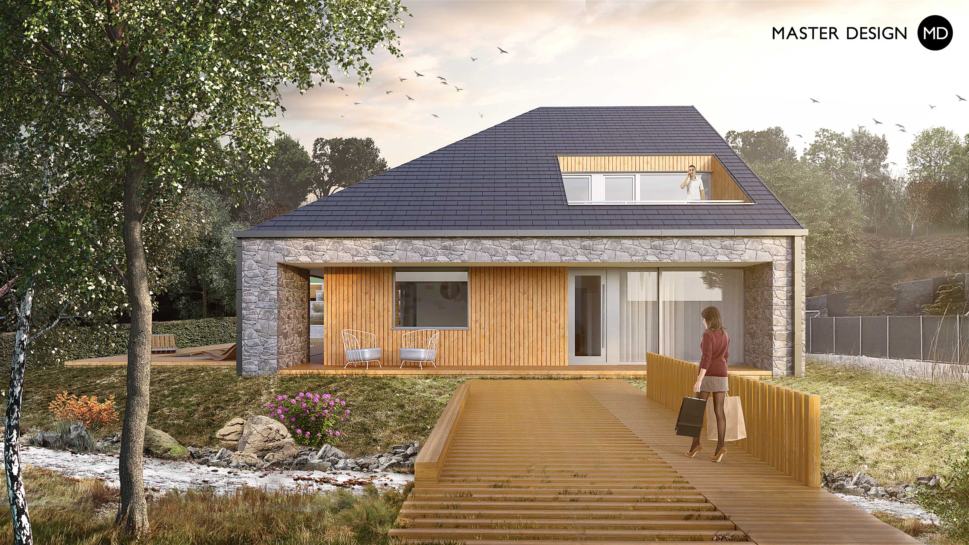 Compact house for modern woman standing next to the stream wit wooden bridge and pitched roof - Hrusice - main visualisation Compact house for modern woman standing next to the stream wit wooden bridge and pitched roof - Hrusice - main visualisation