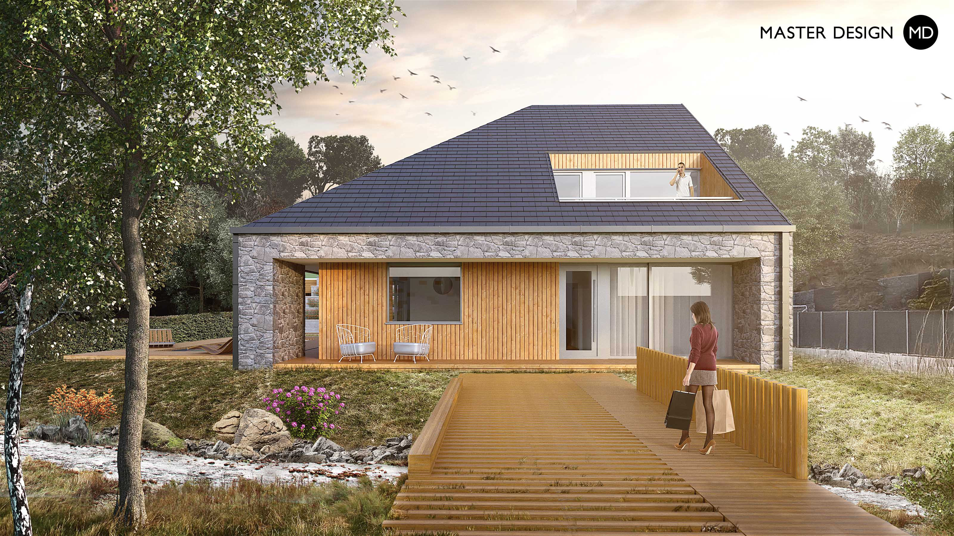 Compact house for modern woman standing next to the stream wit wooden bridge and pitched roof - main visualisation Compact house for modern woman standing next to the stream wit wooden bridge and pitched roof - main visualisation