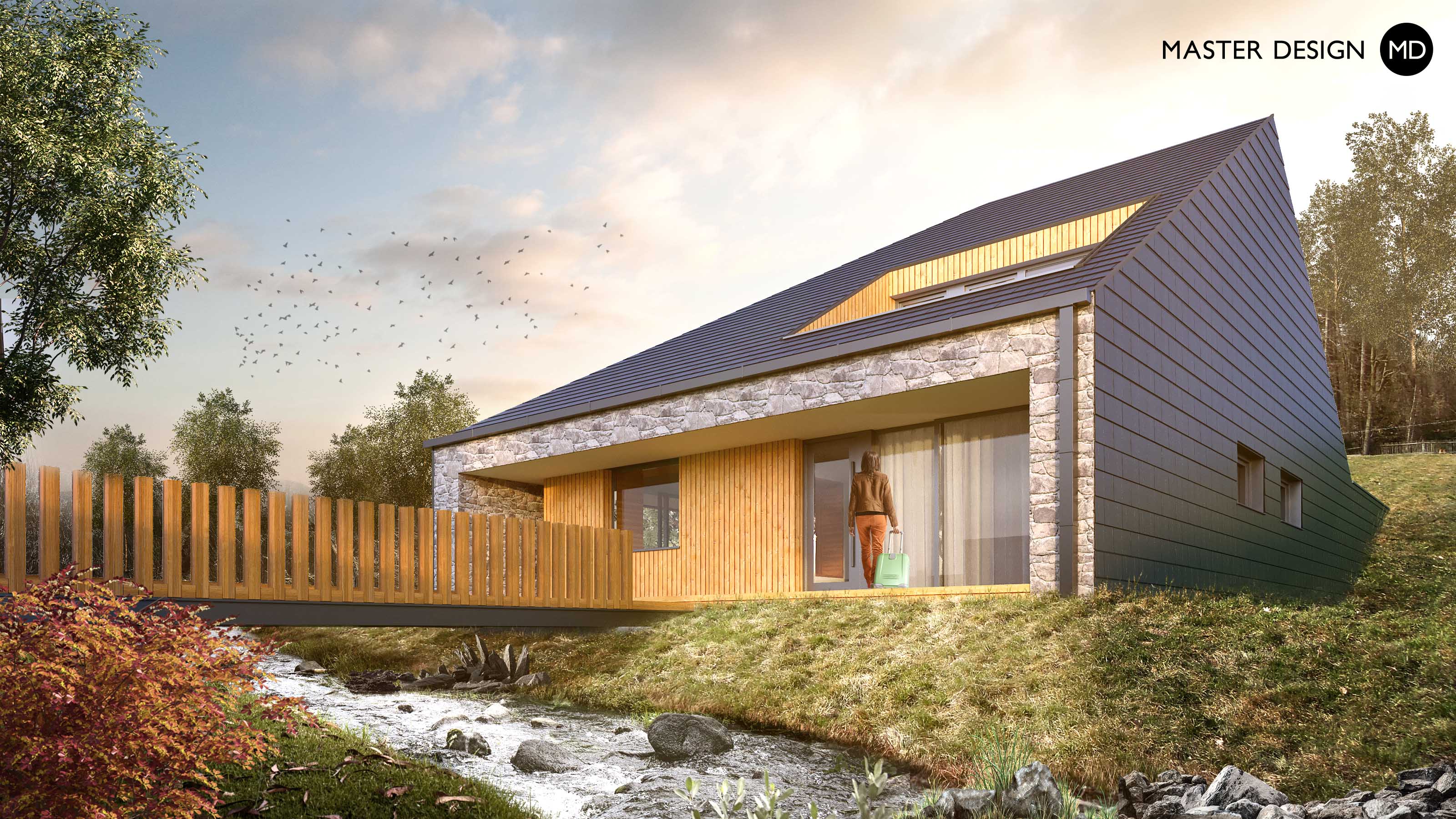 Compact house for modern woman standing next to the stream wit wooden bridge and pitched roofHrusice - visualisation3 Compact house for modern woman standing next to the stream wit wooden bridge and pitched roofHrusice - visualisation3