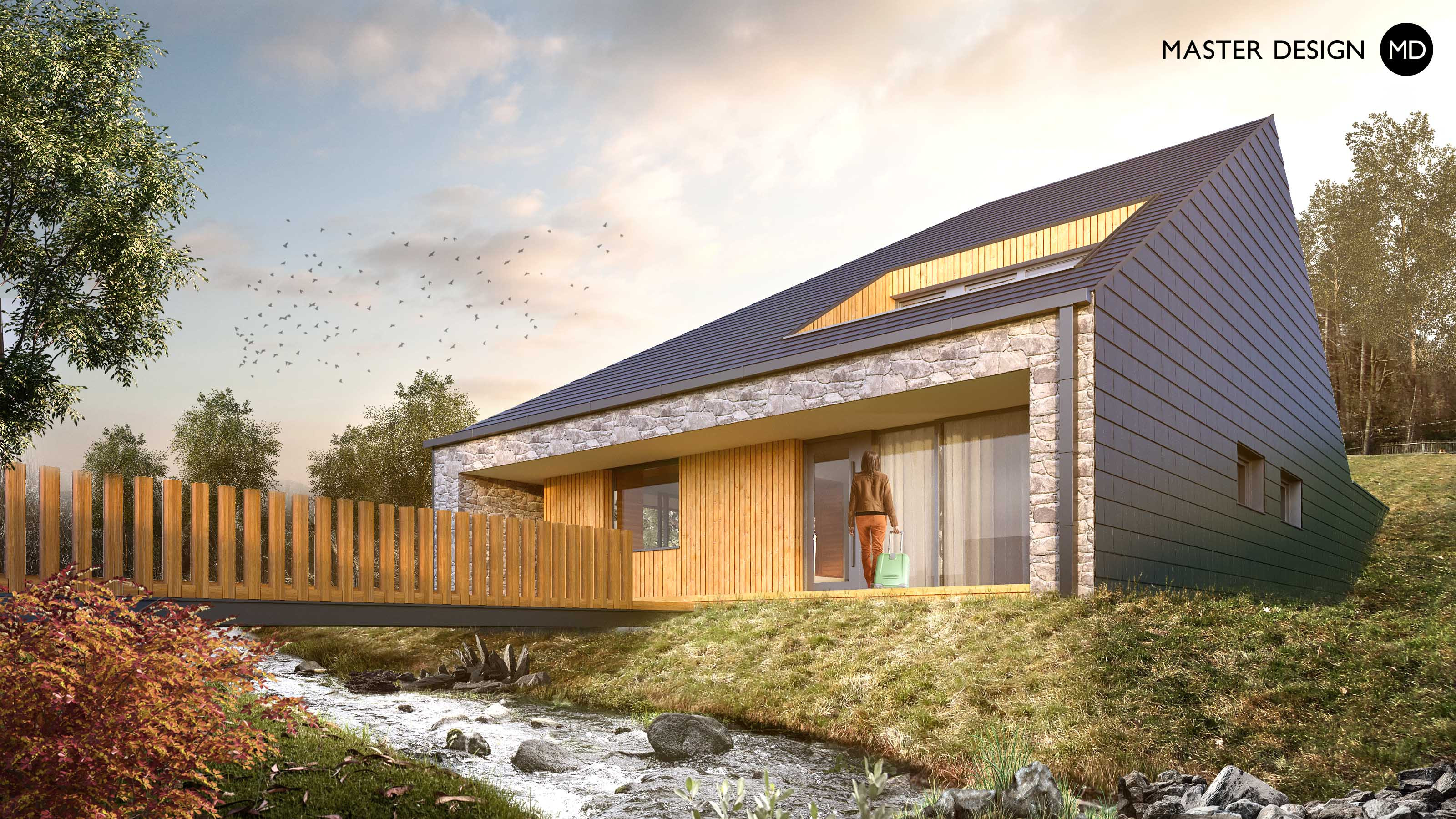 Compact house for modern woman standing next to the stream wit wooden bridge and pitched roof - null - visualisation3 Compact house for modern woman standing next to the stream wit wooden bridge and pitched roof - null - visualisation3