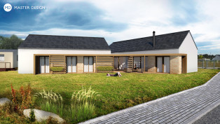 Modern family house 2in1 consisting of two bungalows with pitched roof connected with corridor and wooden structure terrace - Struhařov - preview