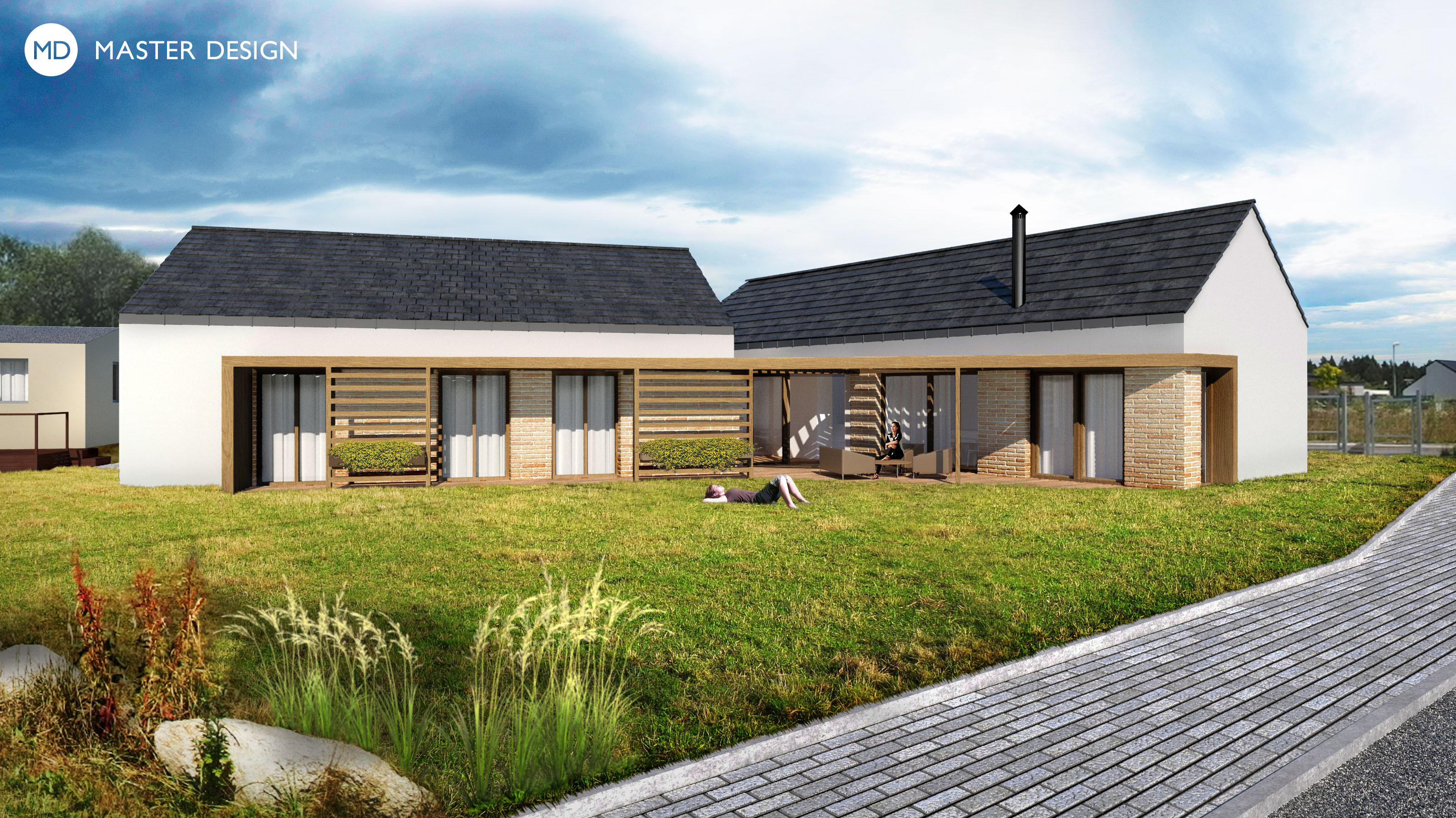 Modern family house 2in1 consisting of two bungalows with pitched roof connected with corridor and wooden structure terrace - Struhařov