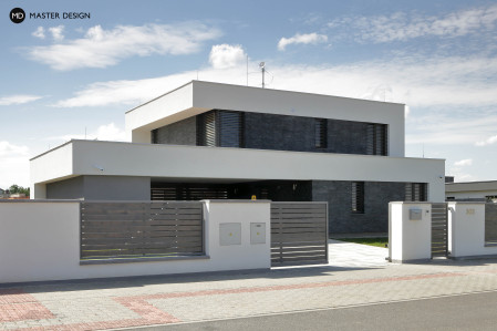 Family house with stone facade tiles and white plasterČestlice - visualisation2