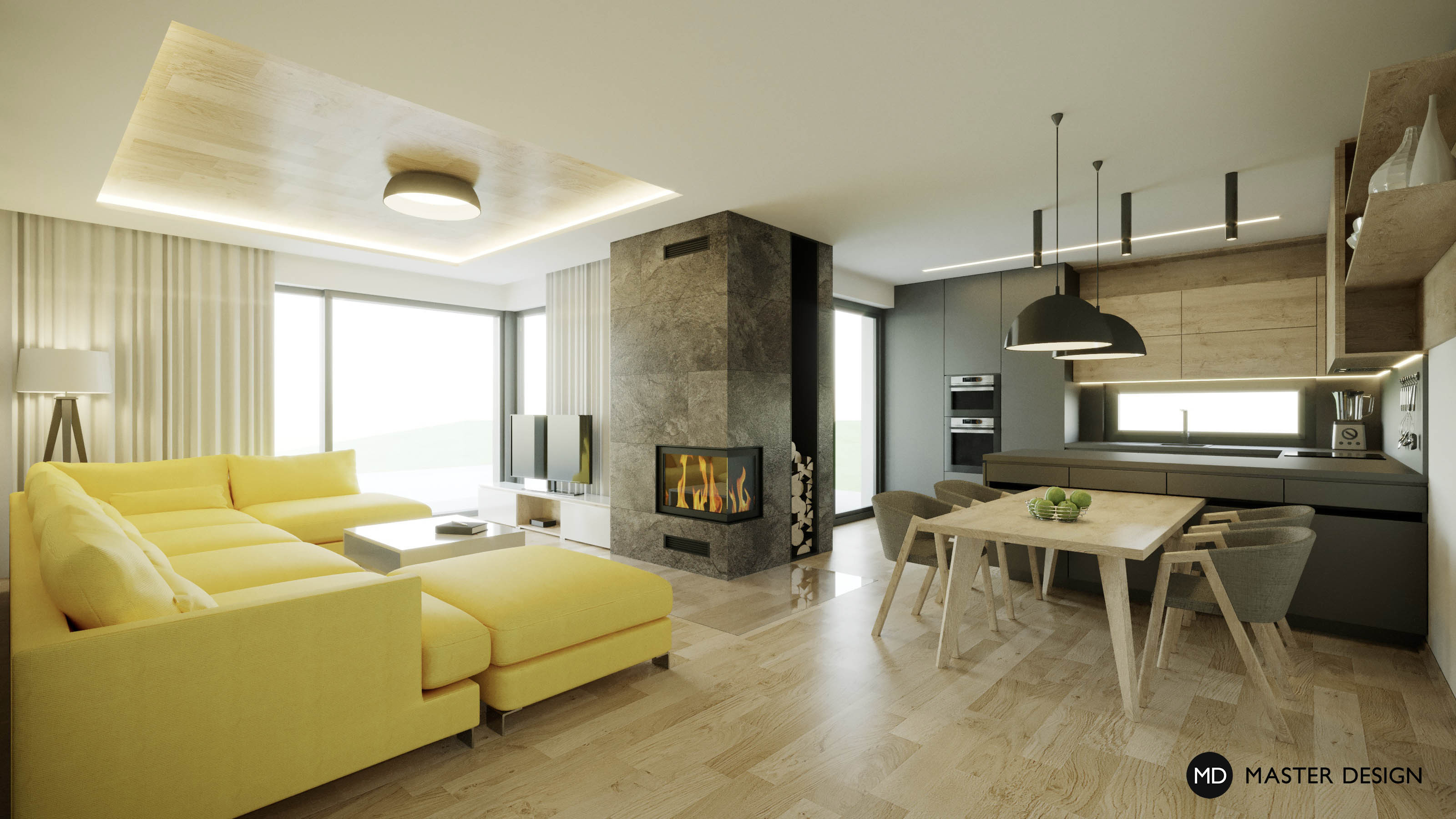 Living room with kitchen and a prominent fireplace - Vysoký Újezd u Berouna
