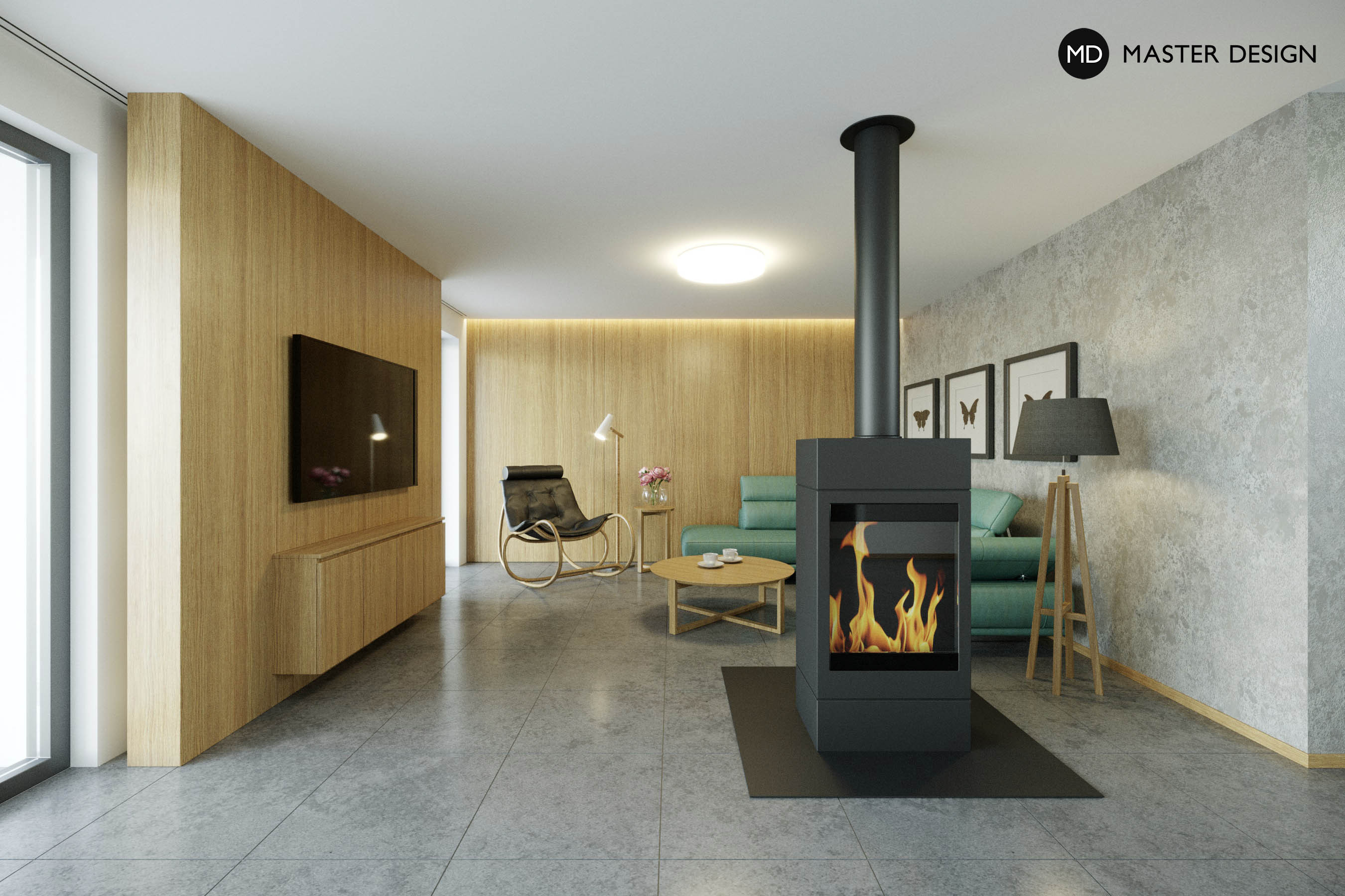 Living room interior with wood paneling and kitchen - Loděnice
