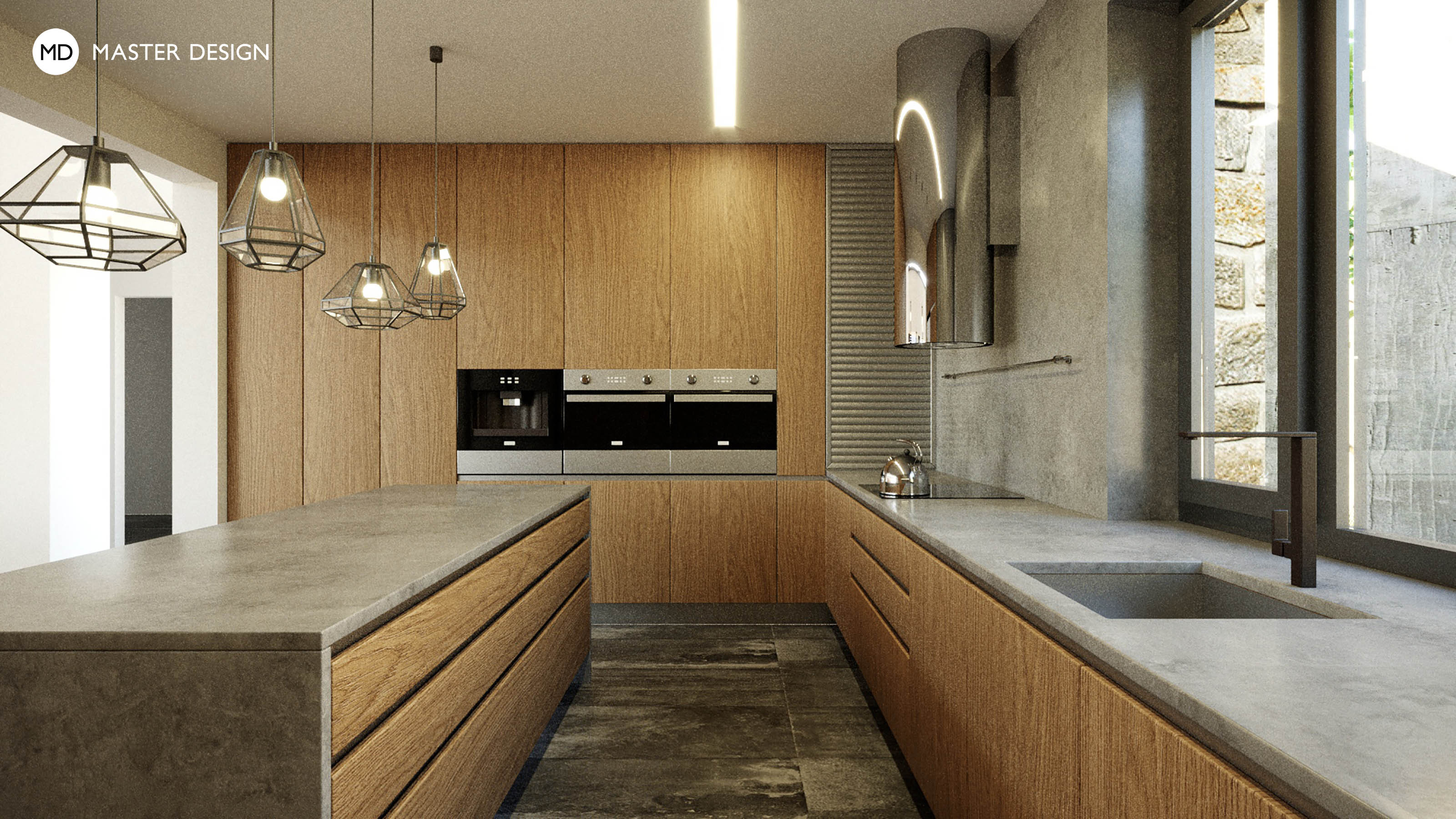 Kitchen design featuring oak veneer in a luxury home - Nový Jičín