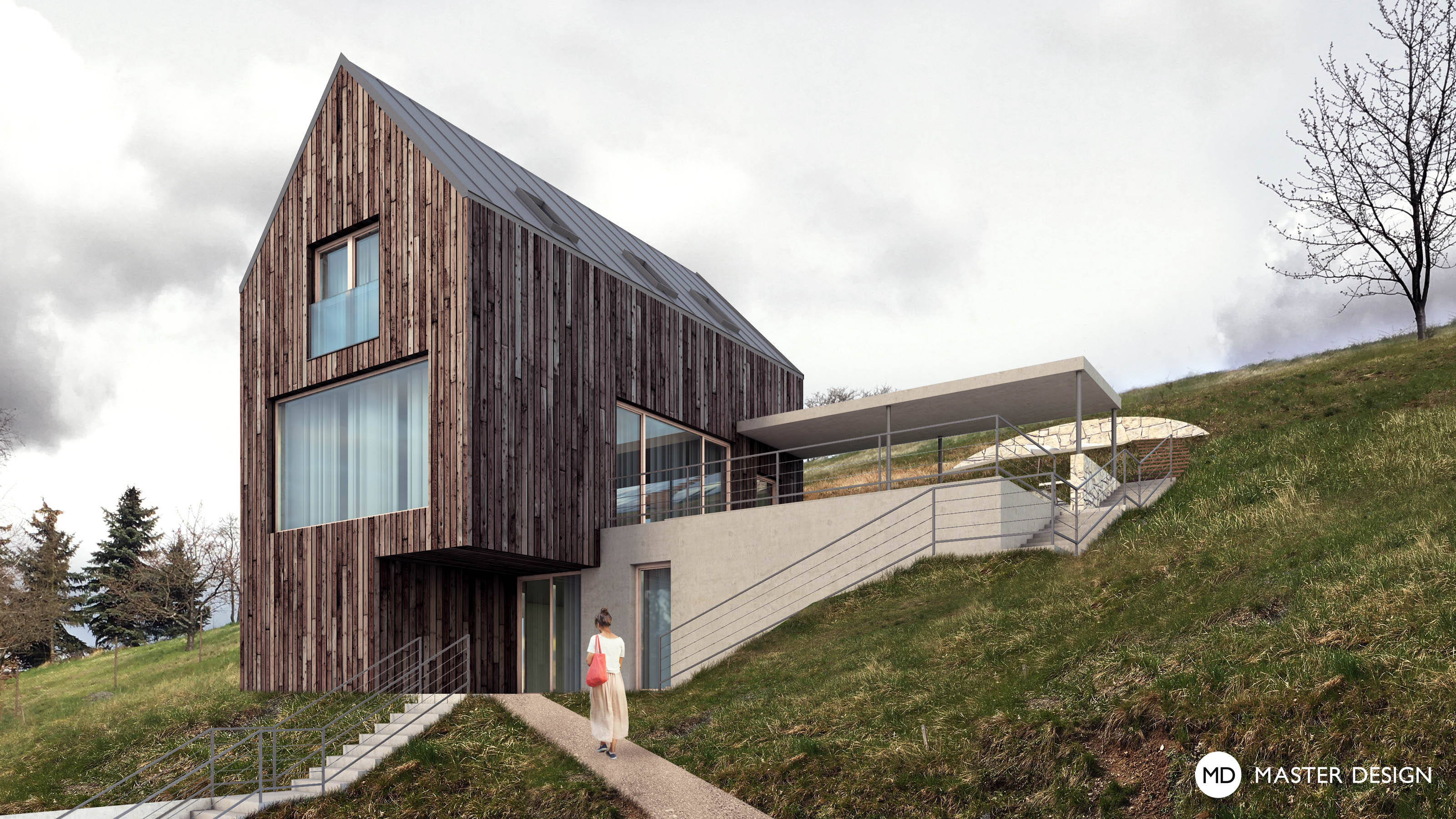 Small Family House on a Steep Slope with Wooden Facade and Views of the Surrounding Landscape - Újezd u Průhonic