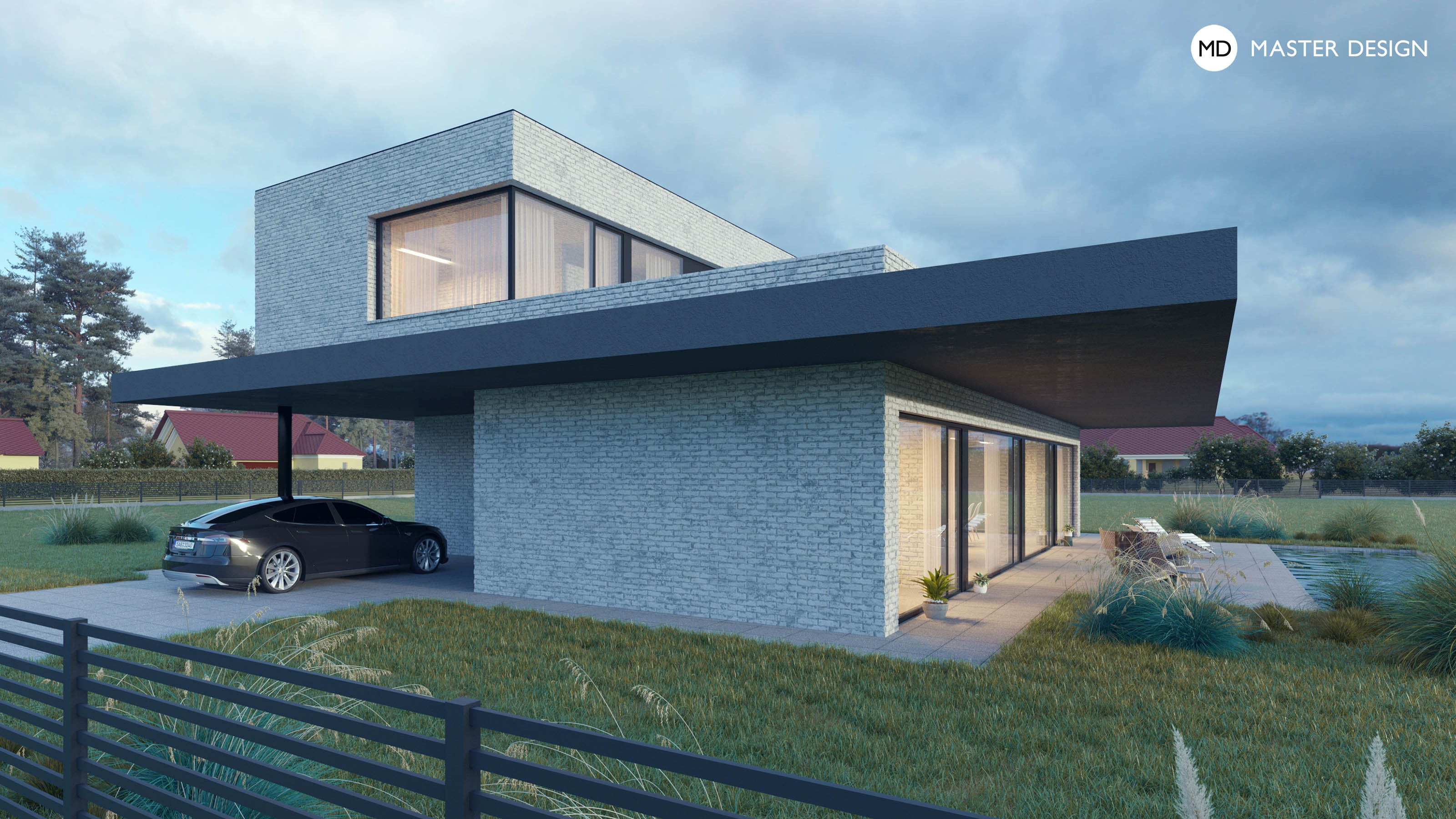 Family House with White Bricks Cladding and a Distinctive Roof Hem - Zbuzany