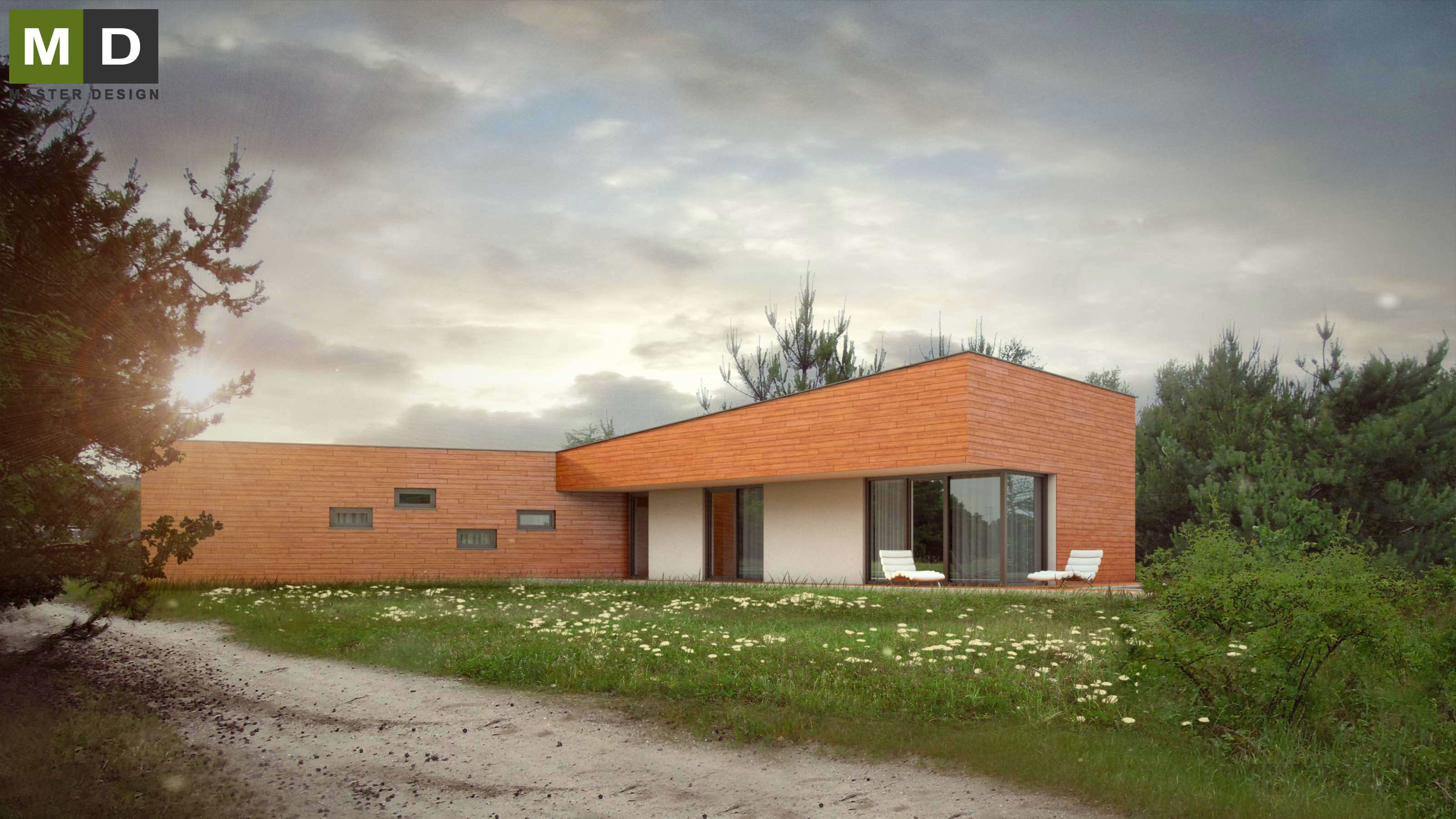 Single-storey modern house with a flat roof and a shed - Stará Boleslav