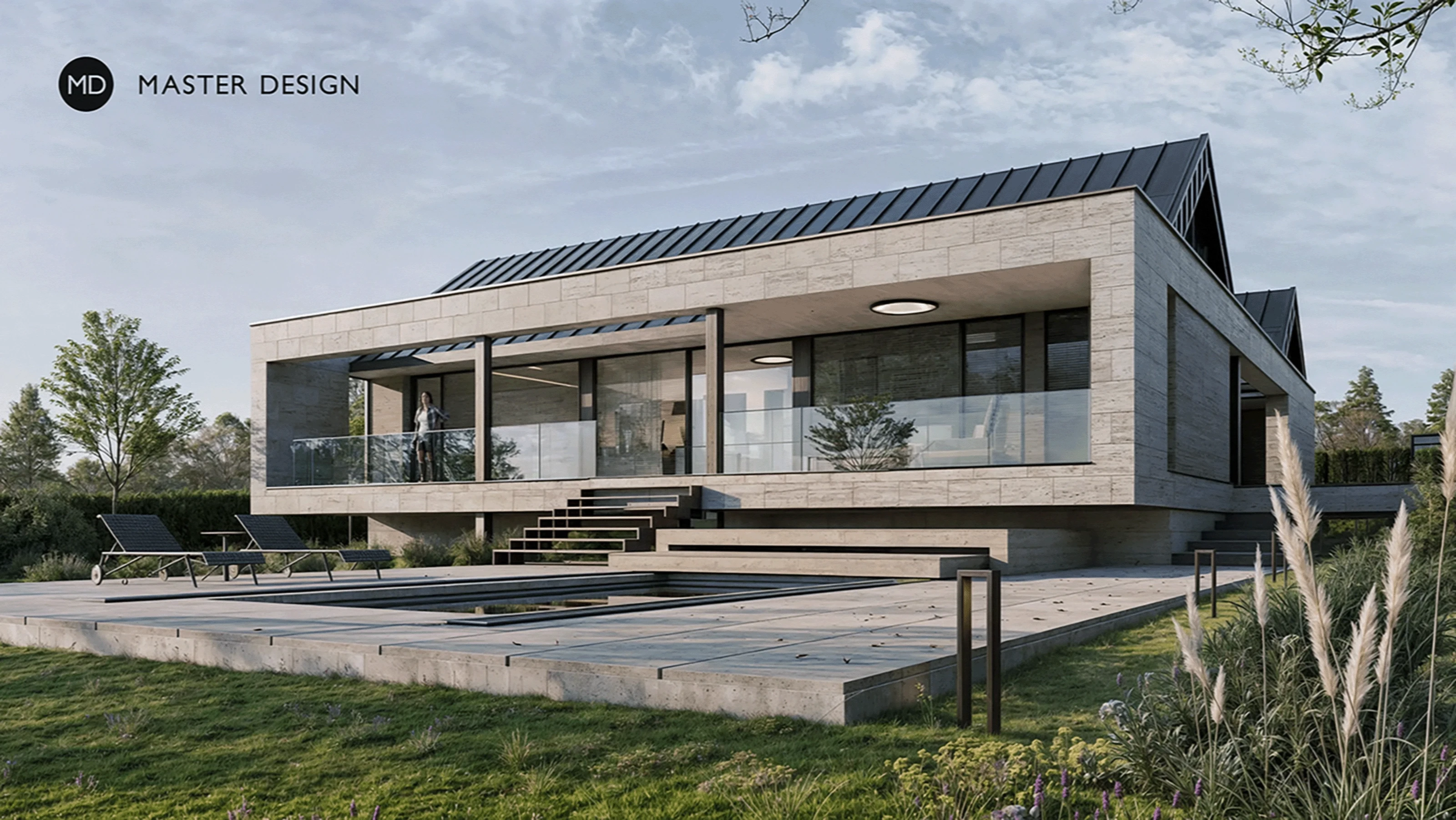 Bungalow with basement garages and travertine cladding - Líšnice - main visualisation Bungalow with basement garages and travertine cladding - Líšnice - main visualisation
