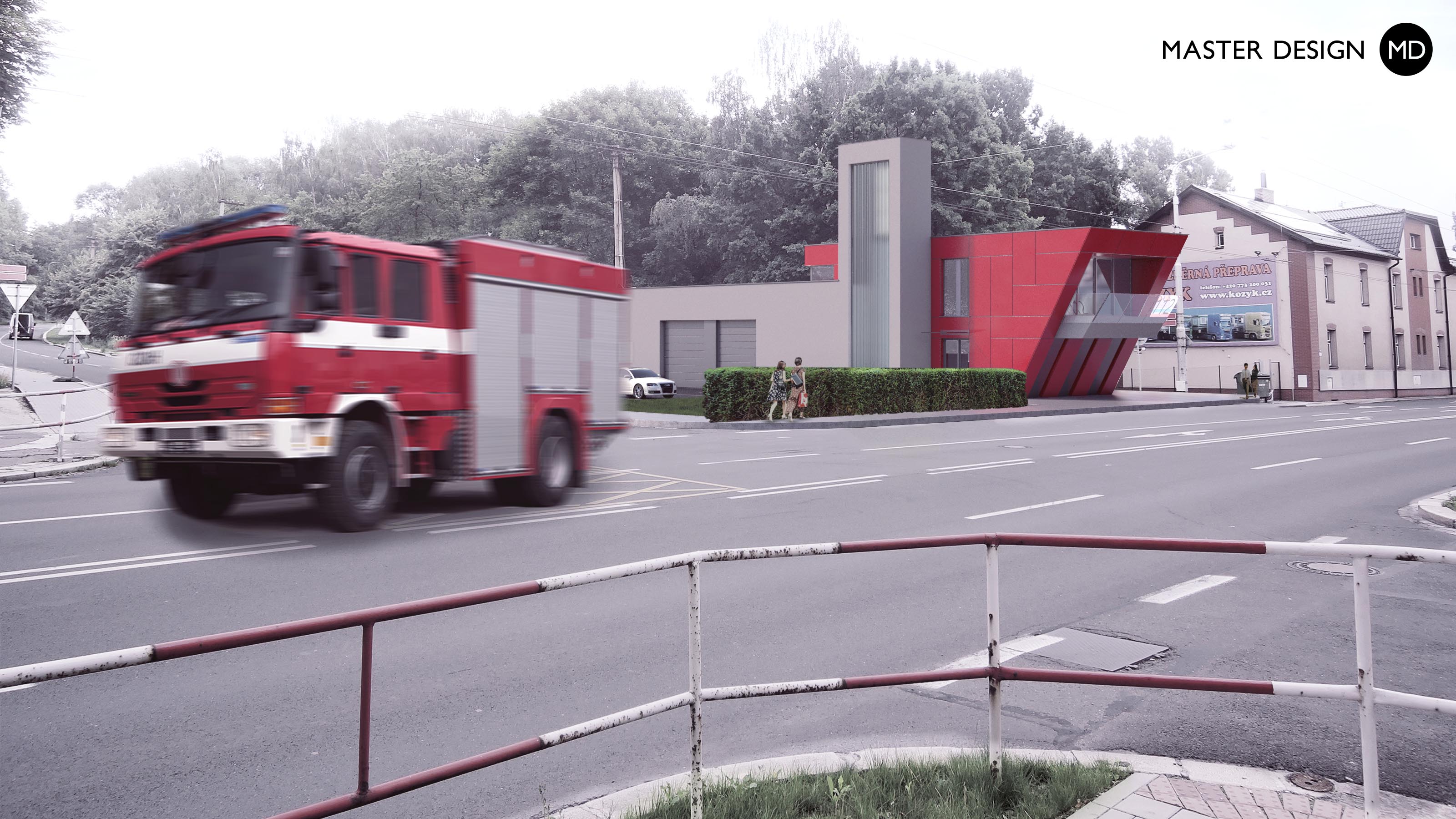 Červená požární zbrojnice s fasádou z velkoformátového obkladu - Ostrava Muglinov - Vizualizace 1