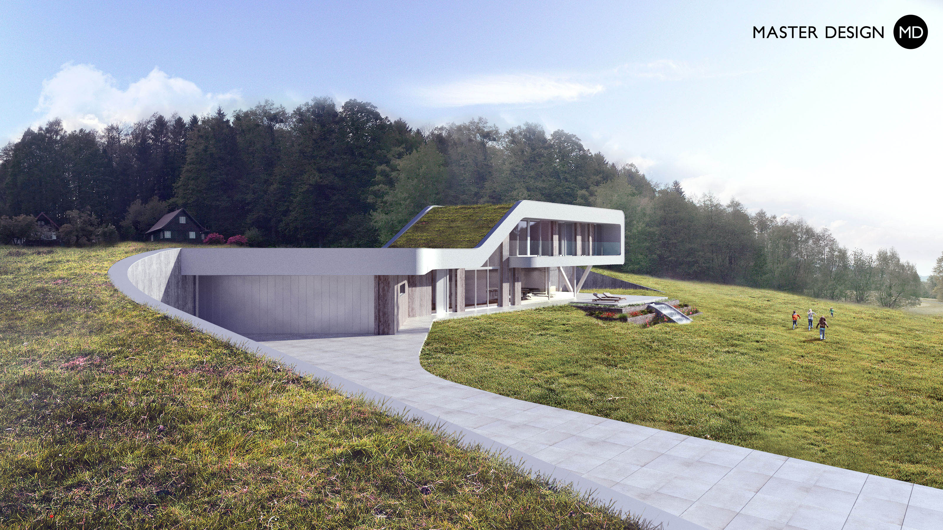 Organický dům vlnící se vedle golfového hřiště v horách - Ostravice - Vizualizace 3